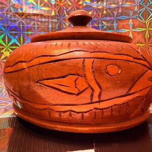 Vintage Hand Carved Wooden Trinket Bowl With Lid intricate Design Of Fish & Lily